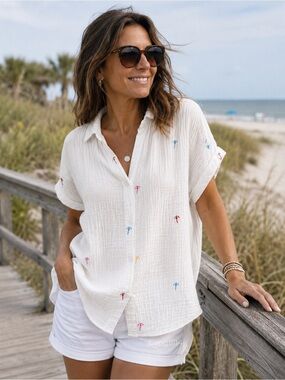 BeachLunchLounge Darby Gauze Shirt Beach Please Umbrella Print XS NWT